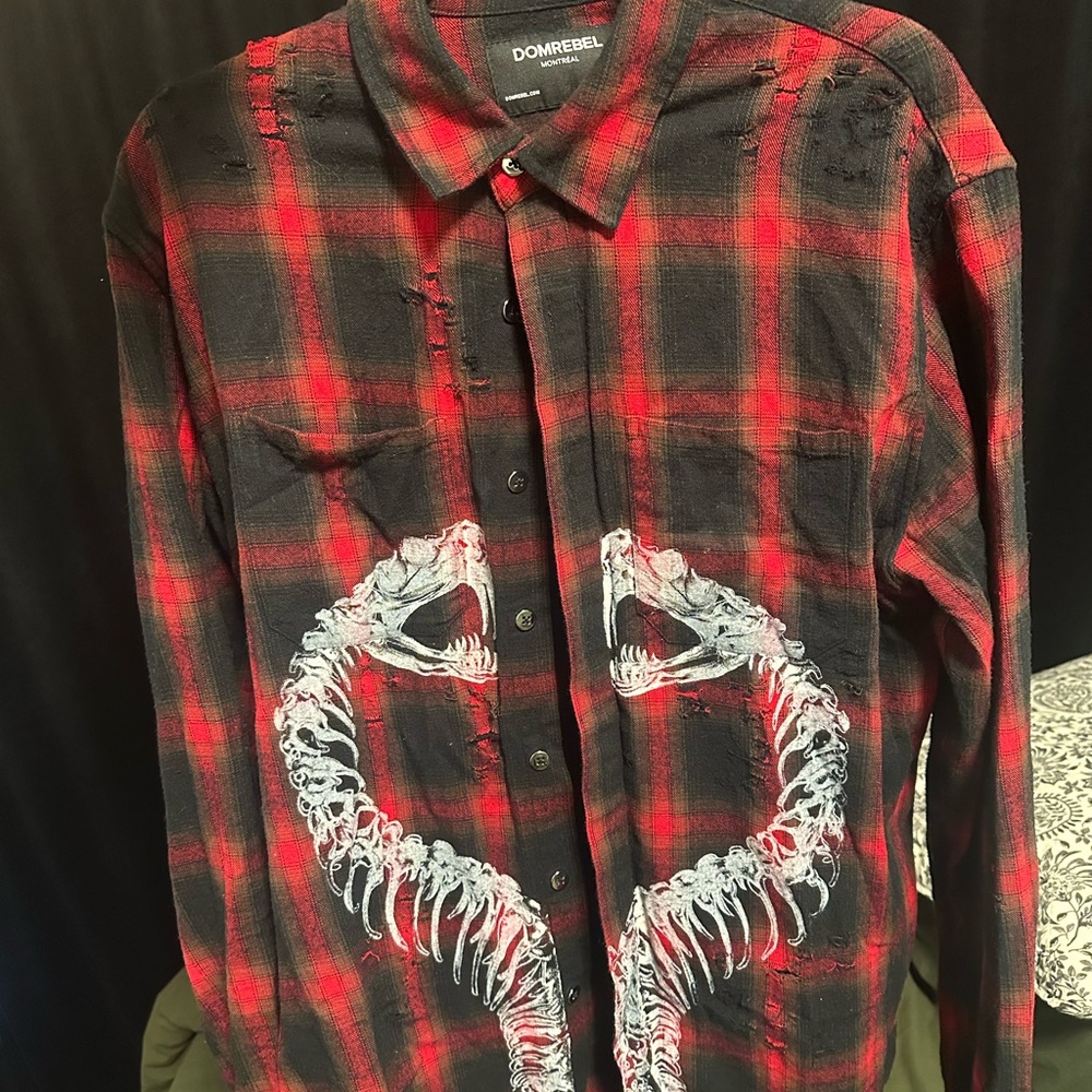 Red and Black Plaid Men's Shirt with Skeleton Design